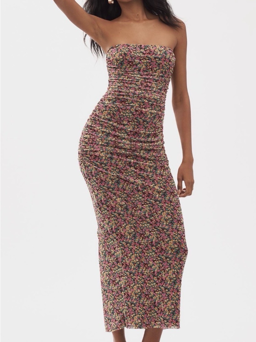 Strapless Floral Bodycon Midi Dress - Pink Multi